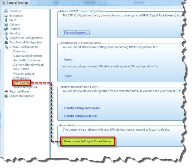 Philips SpeechExec Pro Dictate software - Reset connected Digital Pocket Memo