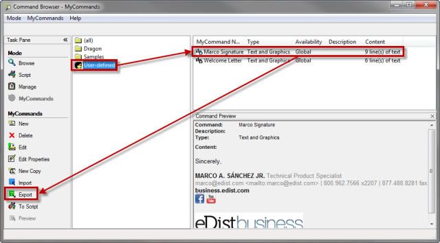 How to export commands from the Dragon Naturally Speaking Command Browser