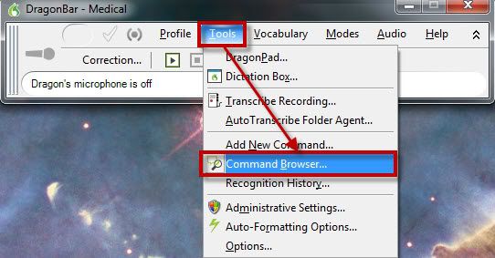 How to open the Dragon Naturally Speaking Command Browser