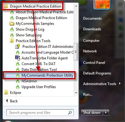 How to open the MyCommands Protection Utility in Dragon