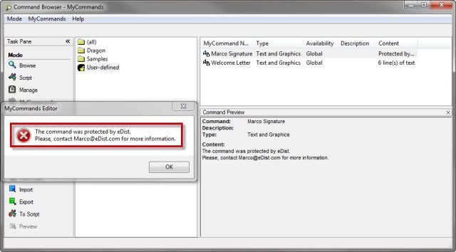 Protected command message in the Dragon Naturally Speaking Command Broswer