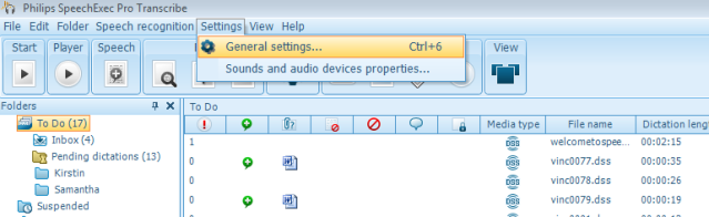Philips SpeechExec Pro settings menu