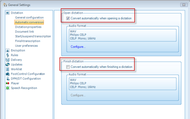 Philips SpeechExec Pro automatic conversion settings