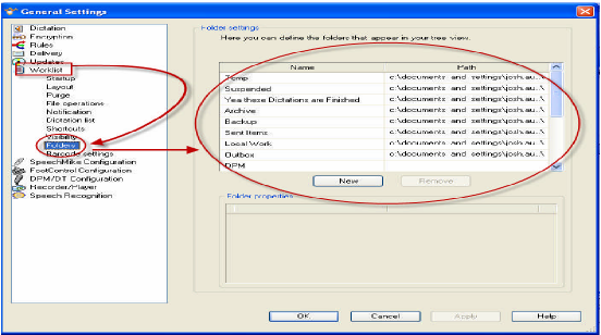 Philips SpeechExec Pro Folder Settings window