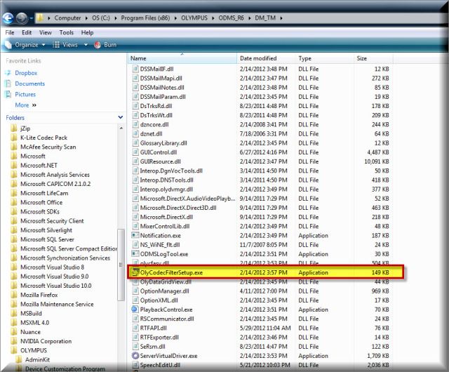 OlyCodecFilterSetup.exe file for the Olympus DSS Player Pro