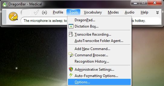 How to access the Dragon Medical Practice Edition Options menu